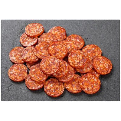 CHORIZO TRANCHE PUR PORC SACHET X1 KG( envrion 3gdiam 32mm +/-2)IQF